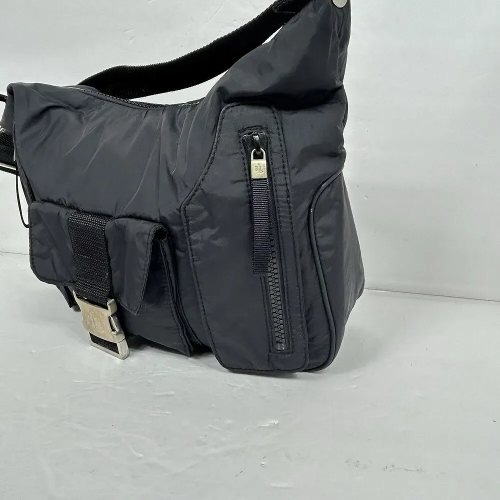 Vintage Y2K Ralph Lauren LRL Hobo Bag Black Nylon Shoulder Handbag Front Buckle